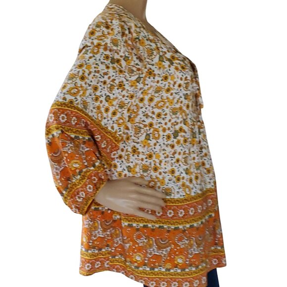 Cottage Core Peasant Boho Tunic Top Blouse Womens L Elephant Flowers Autumn Fall - Picture 12 of 16
